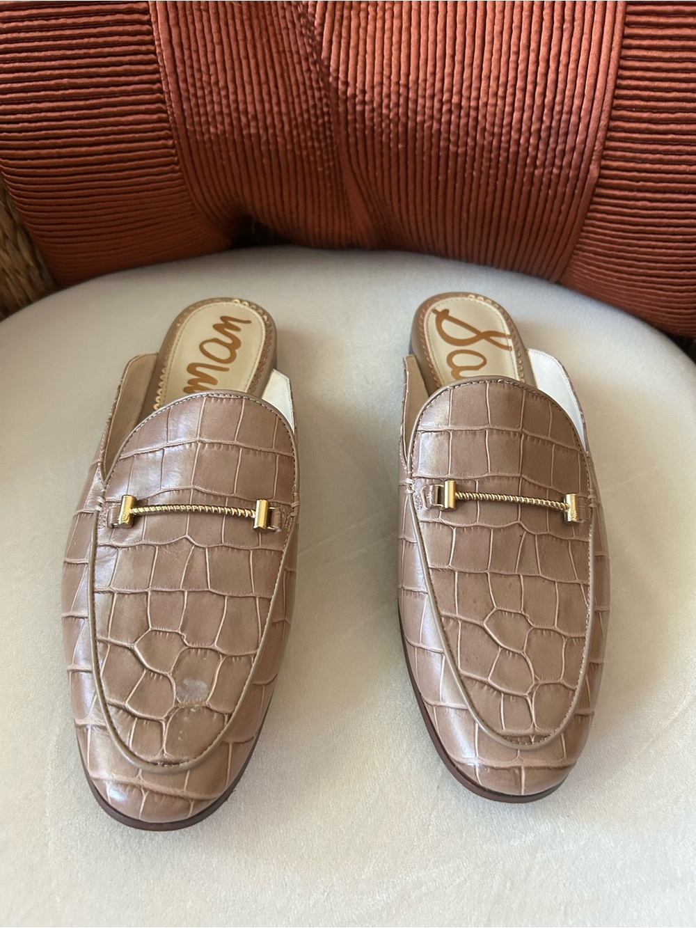 Sam Edelman Taupe Croc-Embossed Slide Mules with Gold Bar